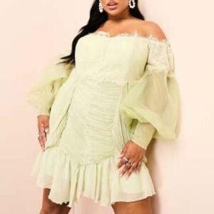 ASOS Off-Shoulder Light Lime Puff-Sleeve Mini Dress
